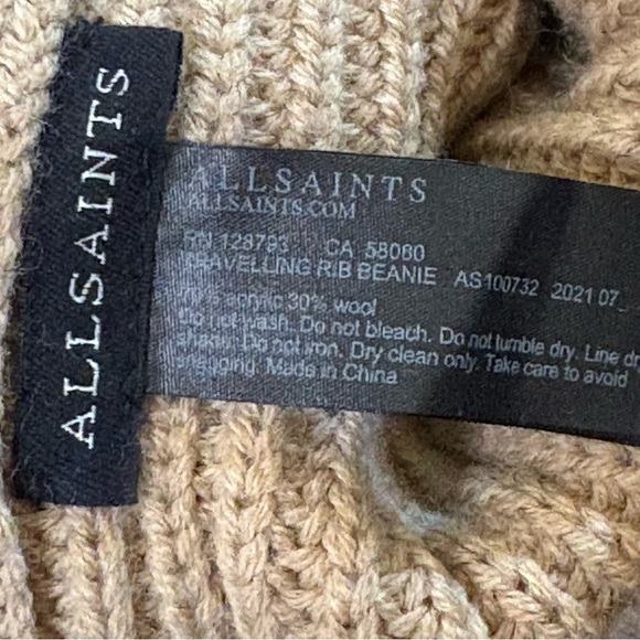 ALLSAINTS TRAVELING RIB KNIT BEANIE HAT WOOL BLEND TAN STOCKING CAP QUIET LUXURY - Picture 5 of 7